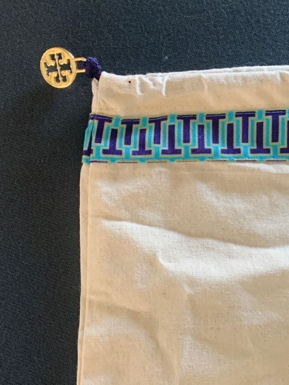 Tory Burch canvas dust bag w/ Gold logo charm  EUC